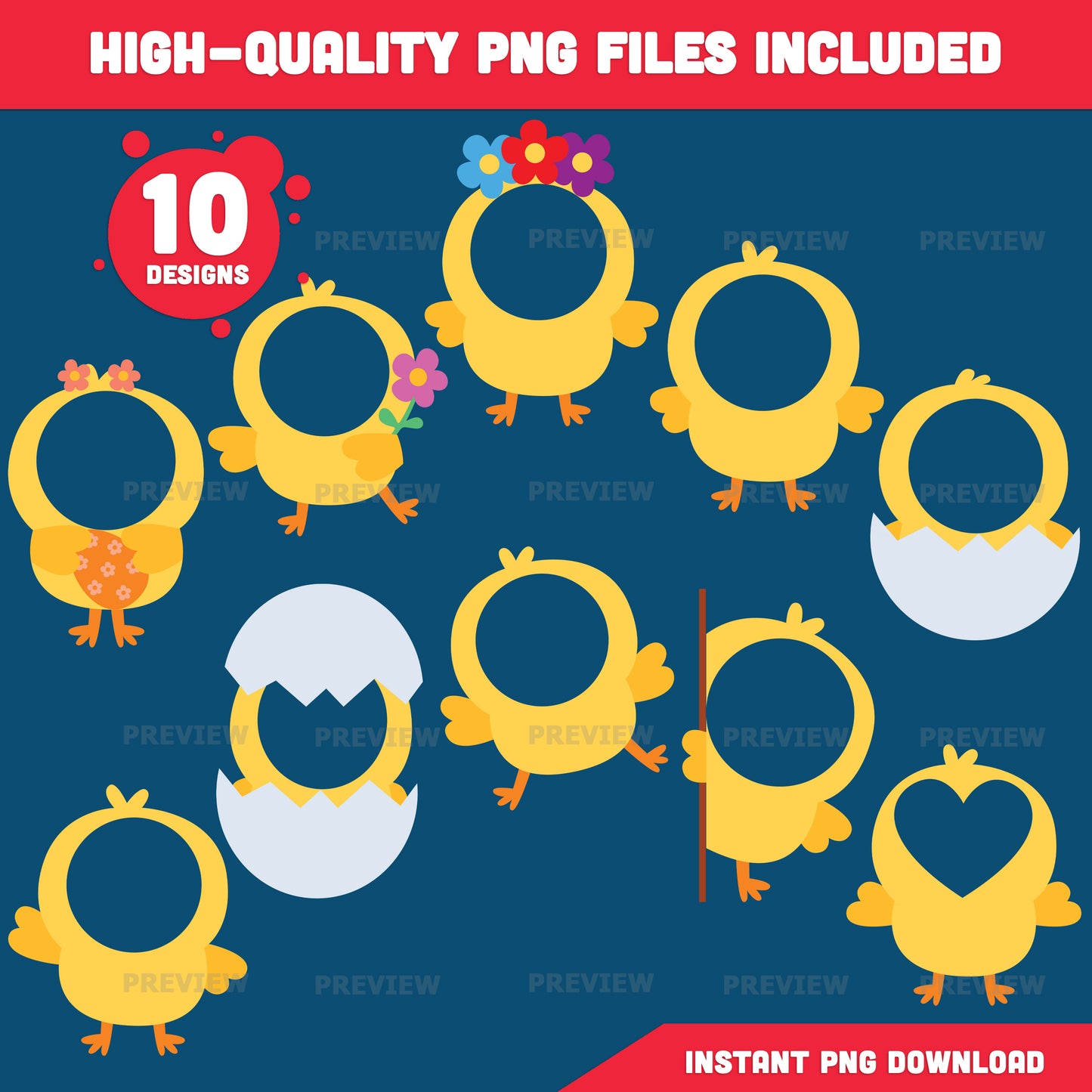 Blank Easter Chick Face Templates, Add Your Own Face Craft Activity, 10 Chick Designs, Coloring Version Included, PDF + PNG