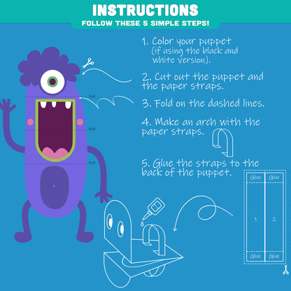 DIY Monster Paper Puppet Craft for Kids: 5 Pre-Colored + 5 Black and White Pages, Fun Halloween Craft for Classrooms, Parties & Home, Instant PDF
