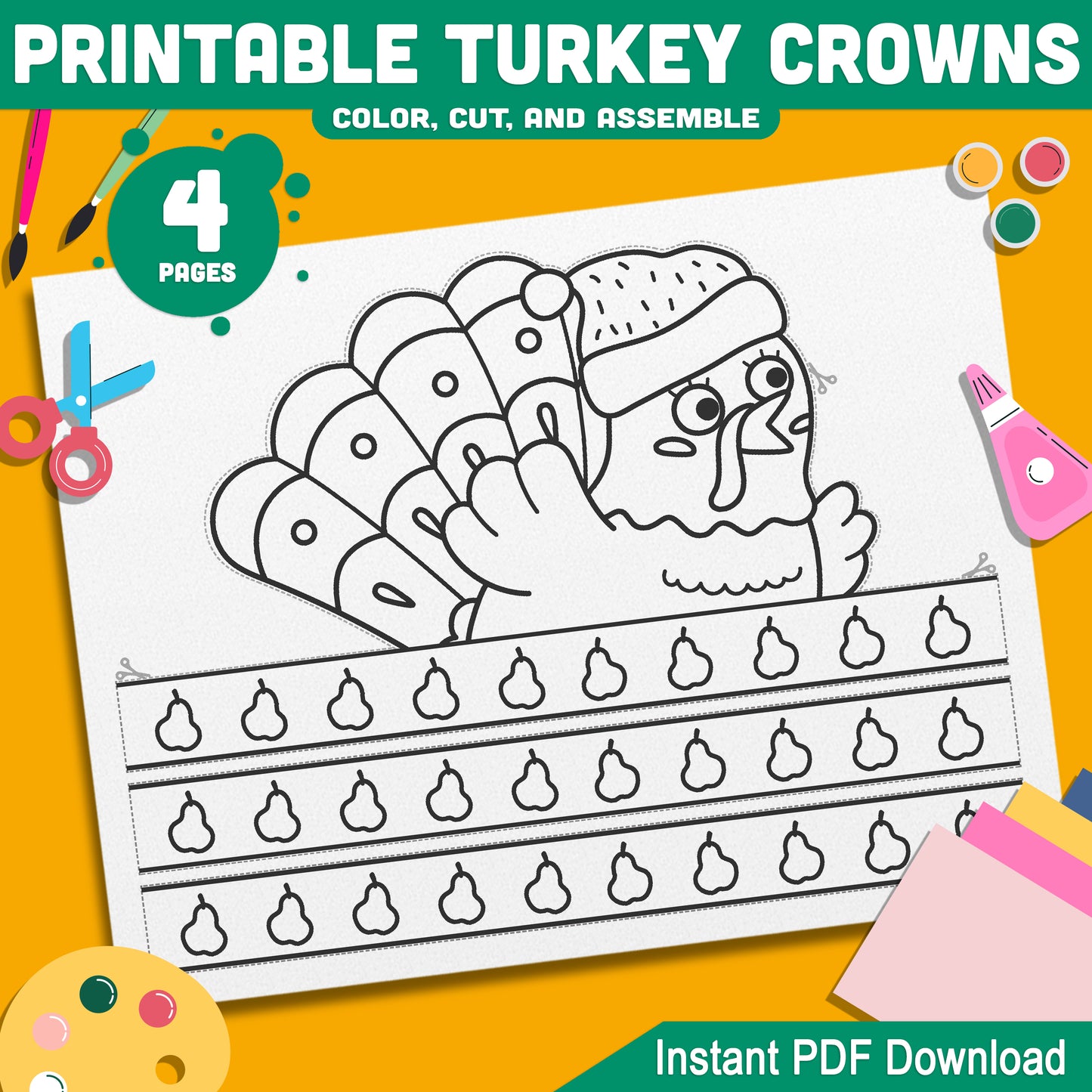 Turkey Crown Craft for Kids – 4 Printable Paper Hat Templates for Thanksgiving Celebrations and Party Bags, Easy PDF Instant Download!