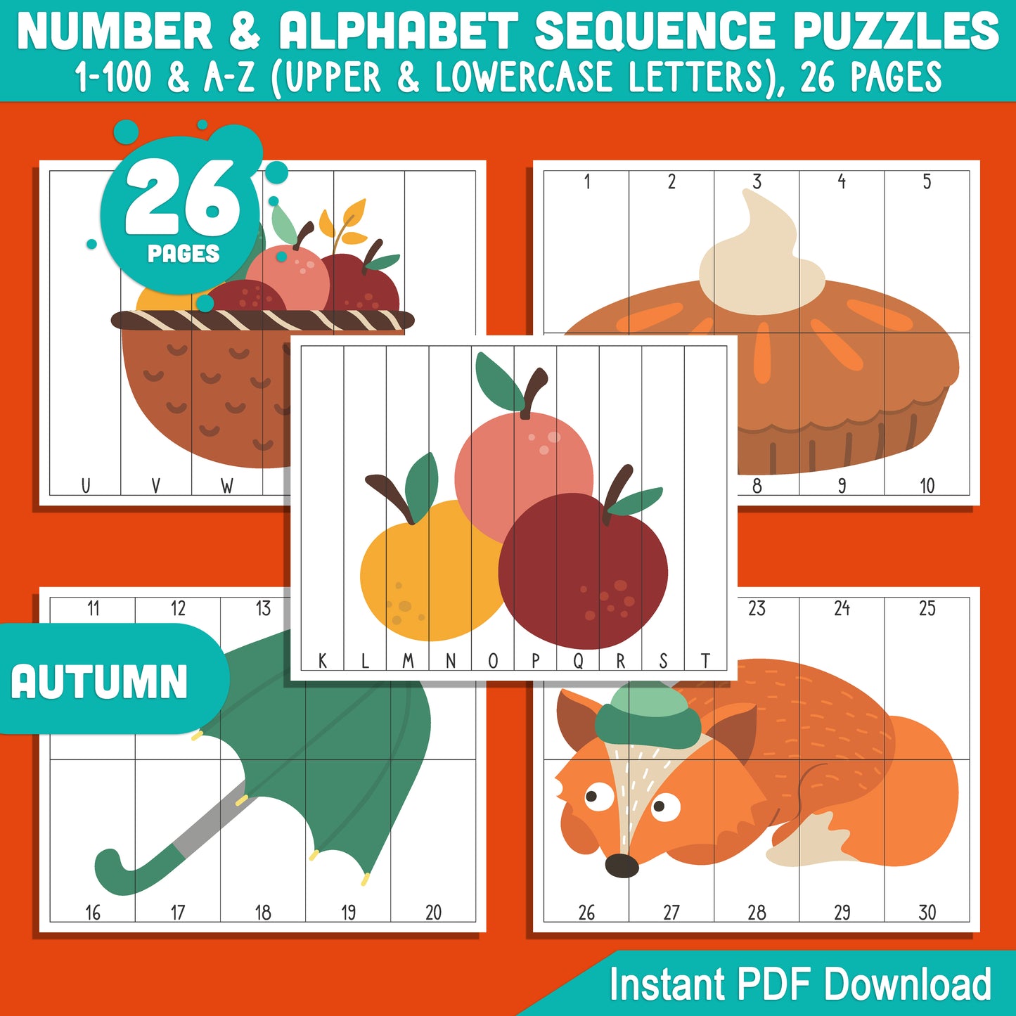 Autumn-Themed Sequence Puzzles: Numbers 1-100 & Alphabet A-Z for Early Learners, Perfect for Math Centers