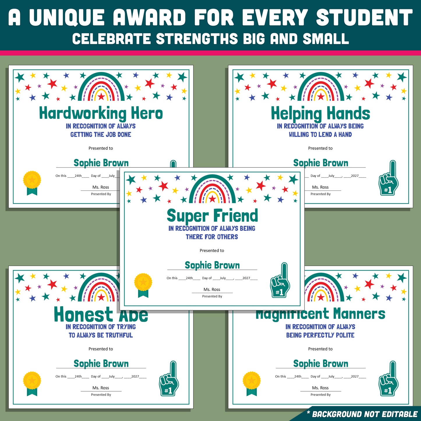 Custom Award Templates, Editable Student Certificates, 26 Printable Classroom Honors, PowerPoint Templates, Rainbow and Star Themed