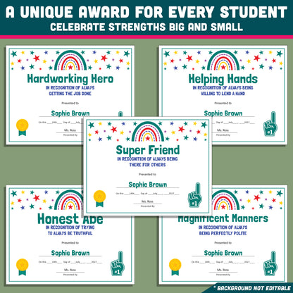 Custom Award Templates, Editable Student Certificates, 26 Printable Classroom Honors, PowerPoint Templates, Rainbow and Star Themed