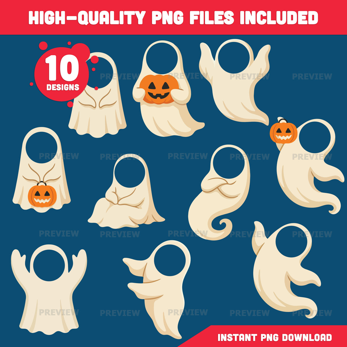 Ghost Template Craft Activity, Halloween Cut and Paste, Add Your Own Face, 10 Unique Designs, PDF + PNG Files, Coloring Version Included, 300 DPI, A4