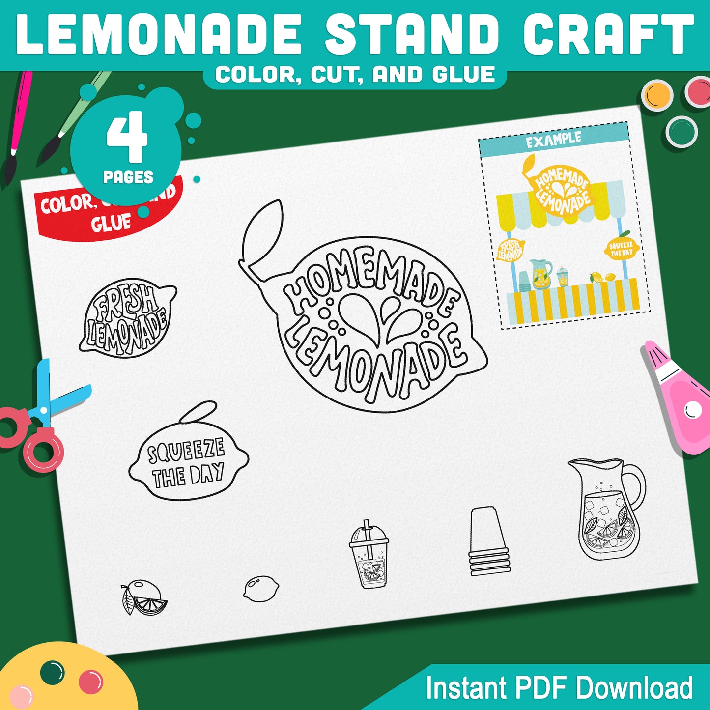 Lemonade Stand Craft, Summer Activity, Cut and Paste Printable, Seasonal Kids Project, Coloring Build Activity, Letter & A4 PDF