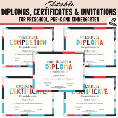 Editable End of the Year Certificates, Diplomas & Invitations for Kindergarten, PreK, Preschool, 37 Customizable PDF Pages, Instant Download