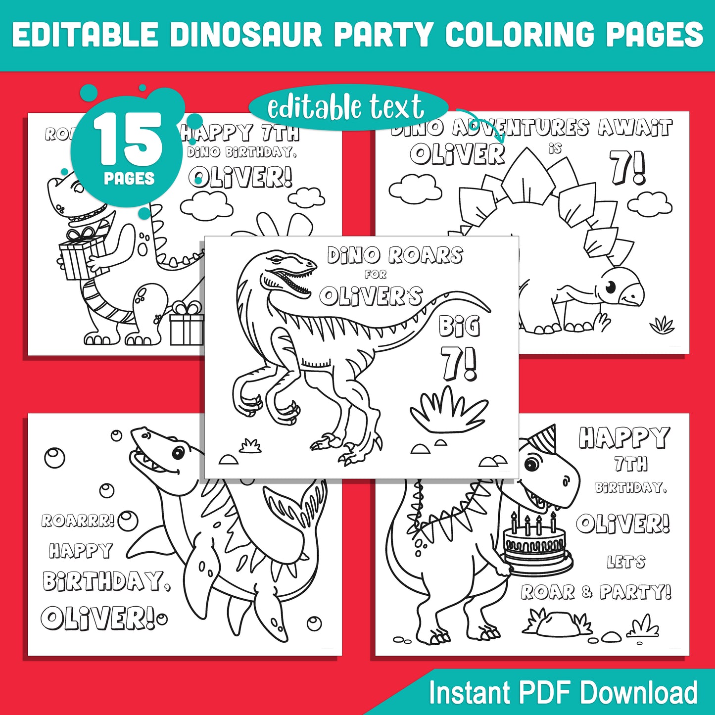 Fun Dinosaur Birthday Coloring Pages: 15 Printable Party Sheets, Perfect for Kids’ Dino-Themed Celebrations - Editable PDF File, Instant Download