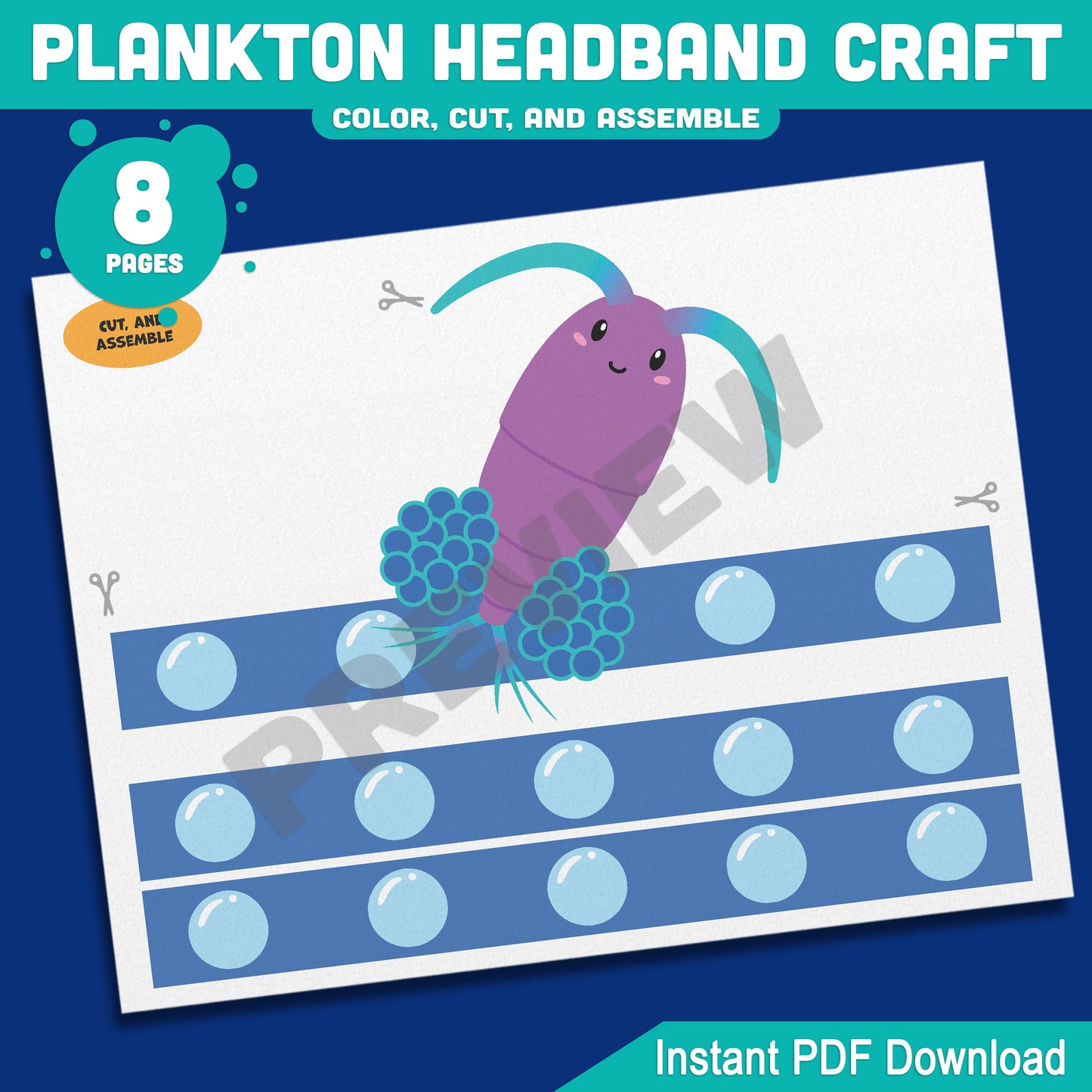 Plankton Headband Craft Under the Sea Paper Hat Activity, Pre-color + Black and White