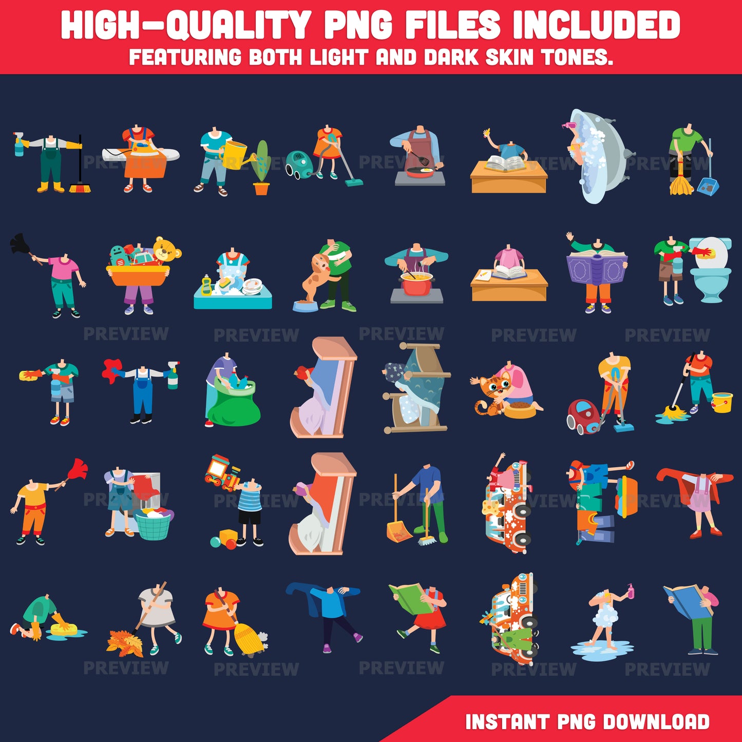 Chores Add Your Own Face Clipart – Kids Daily Routine Body Templates for Classroom & Home, 40 Light + 40 Dark Skin Designs