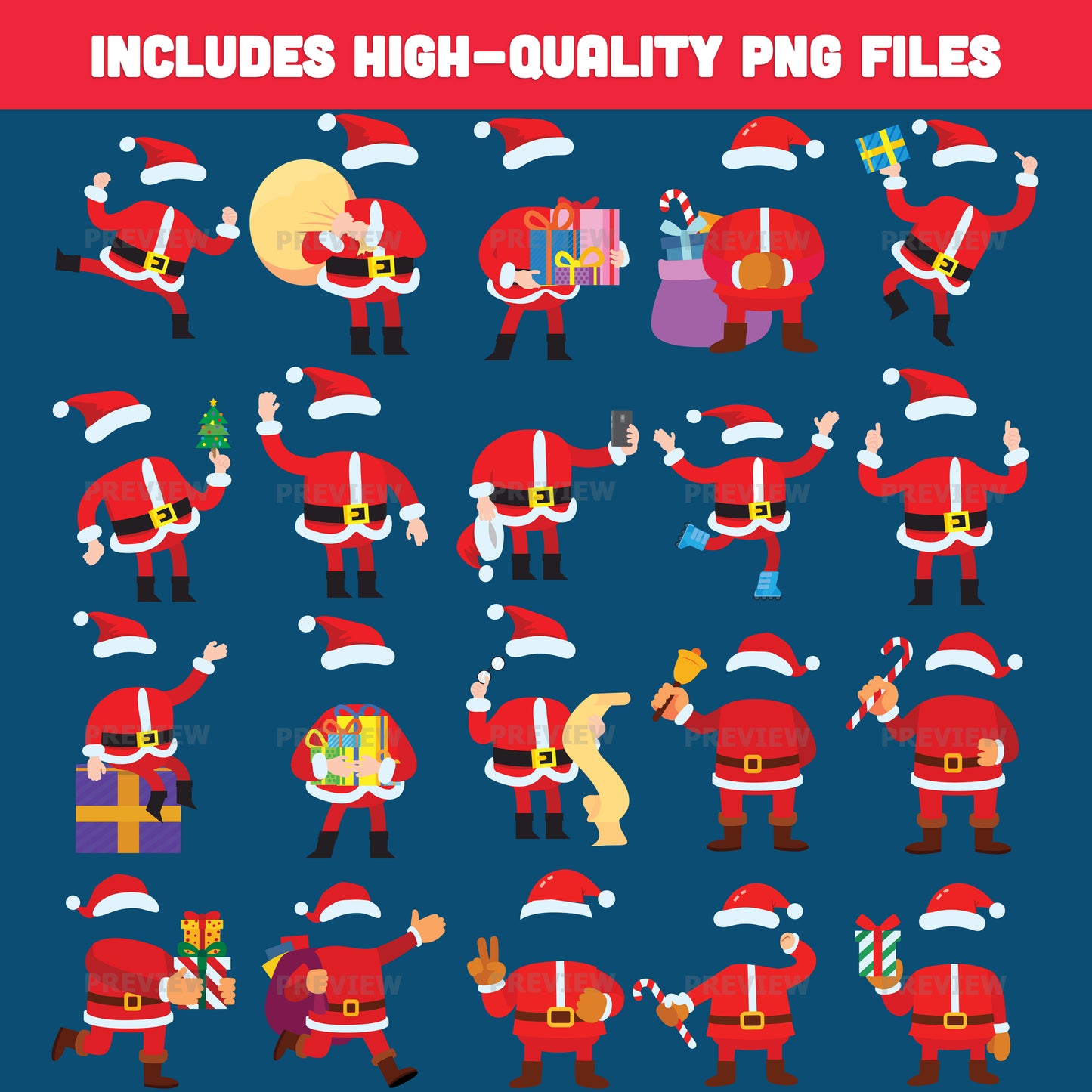 Printable Santa Body Template PNG Crafts – Add Your Own Face Christmas Project, 20 Designs Light + Dark Skin Tones, PDF + PNG for School and Home Use