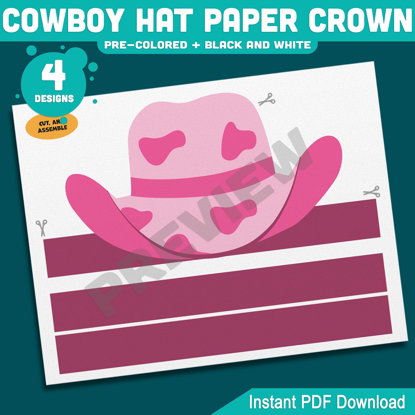 Cowboy Hat Paper Crown Template, Wild West Headband Craft, Western Dress Up for Cowgirl & Cowboy, Back to School Printable