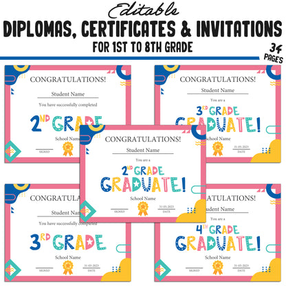 Personalized 1st, Second-8th Grade Achievement Certificates, Diplomas & Invitation Templates in a Flat Modern Theme - PDF Instant Download