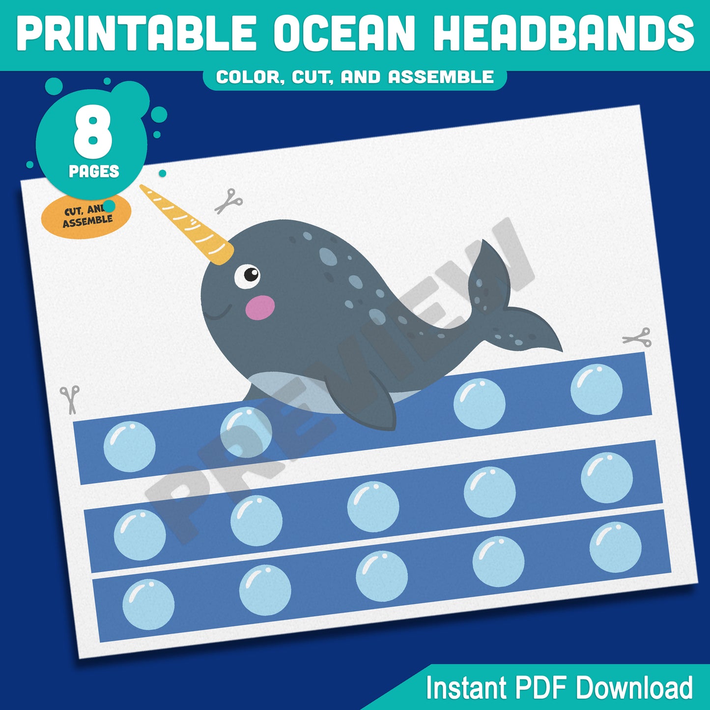Printable Ocean Headbands Yellow Fin Tuna Orca Killer Whale Narwhal Sailfish Crown Hat Activity, Color Cut and Wear, Pre-color + Black and White