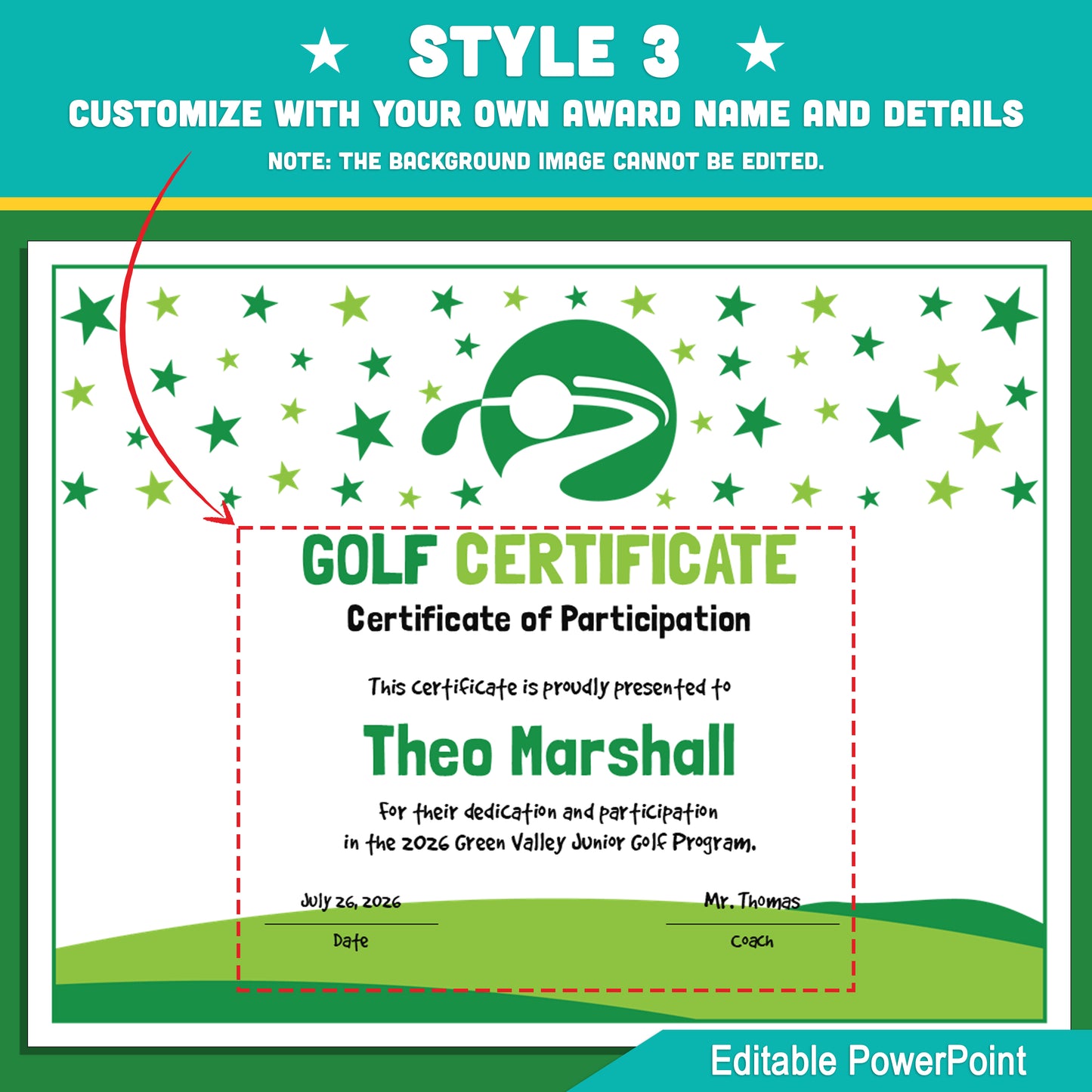 Editable Golf Certificates | 4 Styles with Photo Options | Youth Lesson Awards, Player Recognition - 8.5x11 PowerPoint Instant Download