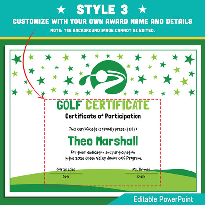 Editable Golf Certificates | 4 Styles with Photo Options | Youth Lesson Awards, Player Recognition - 8.5x11 PowerPoint Instant Download