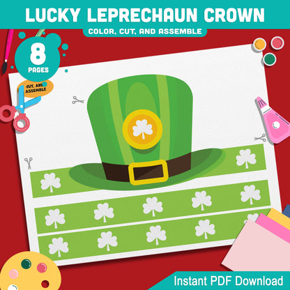 Lucky Leprechaun Crown – St. Patrick’s Day Printable Headband Craft for Kids, Shamrock Wearable Paper Hat Project, Pre-color + Black & White, Color Cut Wear PDF