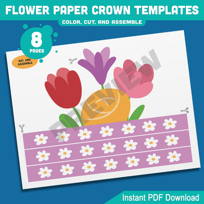 Spring Flower Paper Crown Templates: 4 Cute Hat Designs for Kids in Color and Black & White, Fun Printable Headbands, 8 Pages PDF