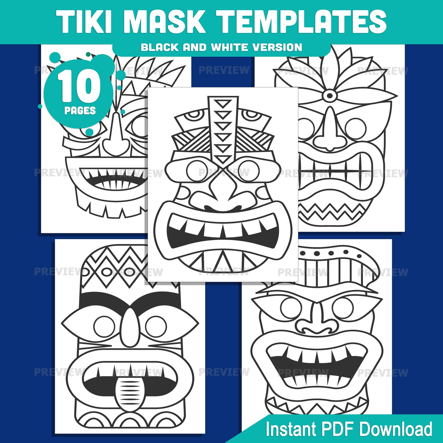 Tiki Mask Templates – Tropical Tribal Mask Printable Set, Paper Mask Craft with Extra-Thick Bold Lines, Pre-Colored and Black and White PDF