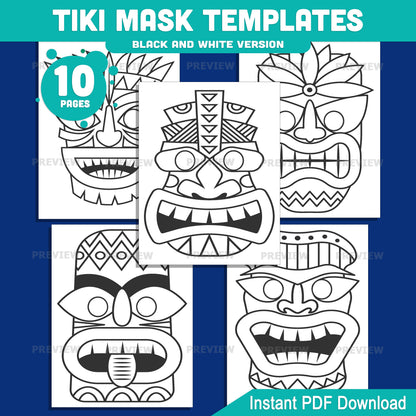 Tiki Mask Templates – Tropical Tribal Mask Printable Set, Paper Mask Craft with Extra-Thick Bold Lines, Pre-Colored and Black and White PDF