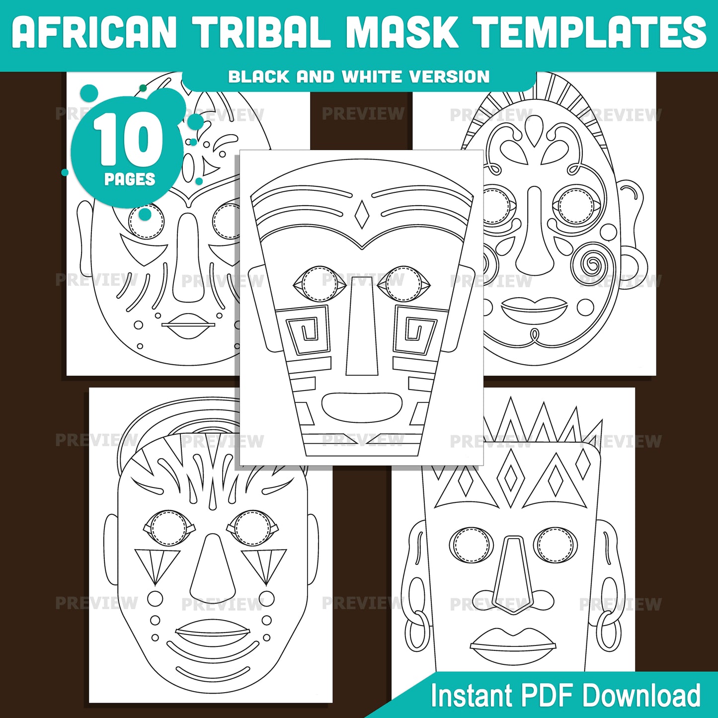 African Tribal Mask Templates, Masquerade Printable Classroom Craft, Pre-Colored and Black and White Mask Set, Art and Drama Activity for Kids