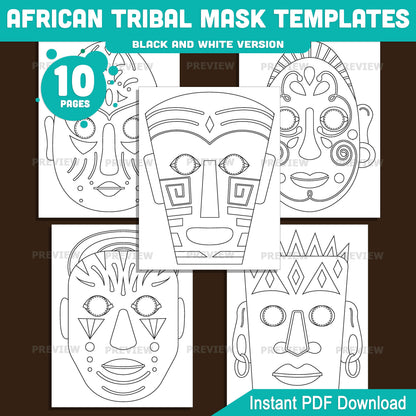 African Tribal Mask Templates, Masquerade Printable Classroom Craft, Pre-Colored and Black and White Mask Set, Art and Drama Activity for Kids