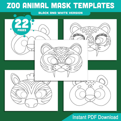 Zoo & Jungle Animal Mask Templates: 22 Fun Printable Masks for Kids, Pre-Colored + Black & White, Great for Parties & Pretend Play, Instant PDF Download