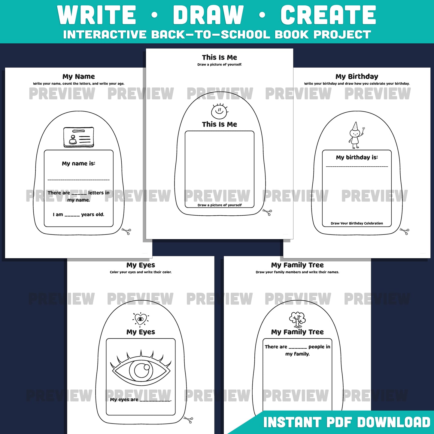 All About Me Backpack Template, Back to School Memory Book, Student Introduction Activity, First Week Printable, 17 Pages