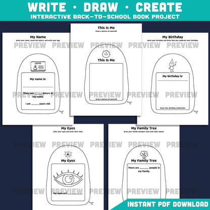 All About Me Backpack Template, Back to School Memory Book, Student Introduction Activity, First Week Printable, 17 Pages