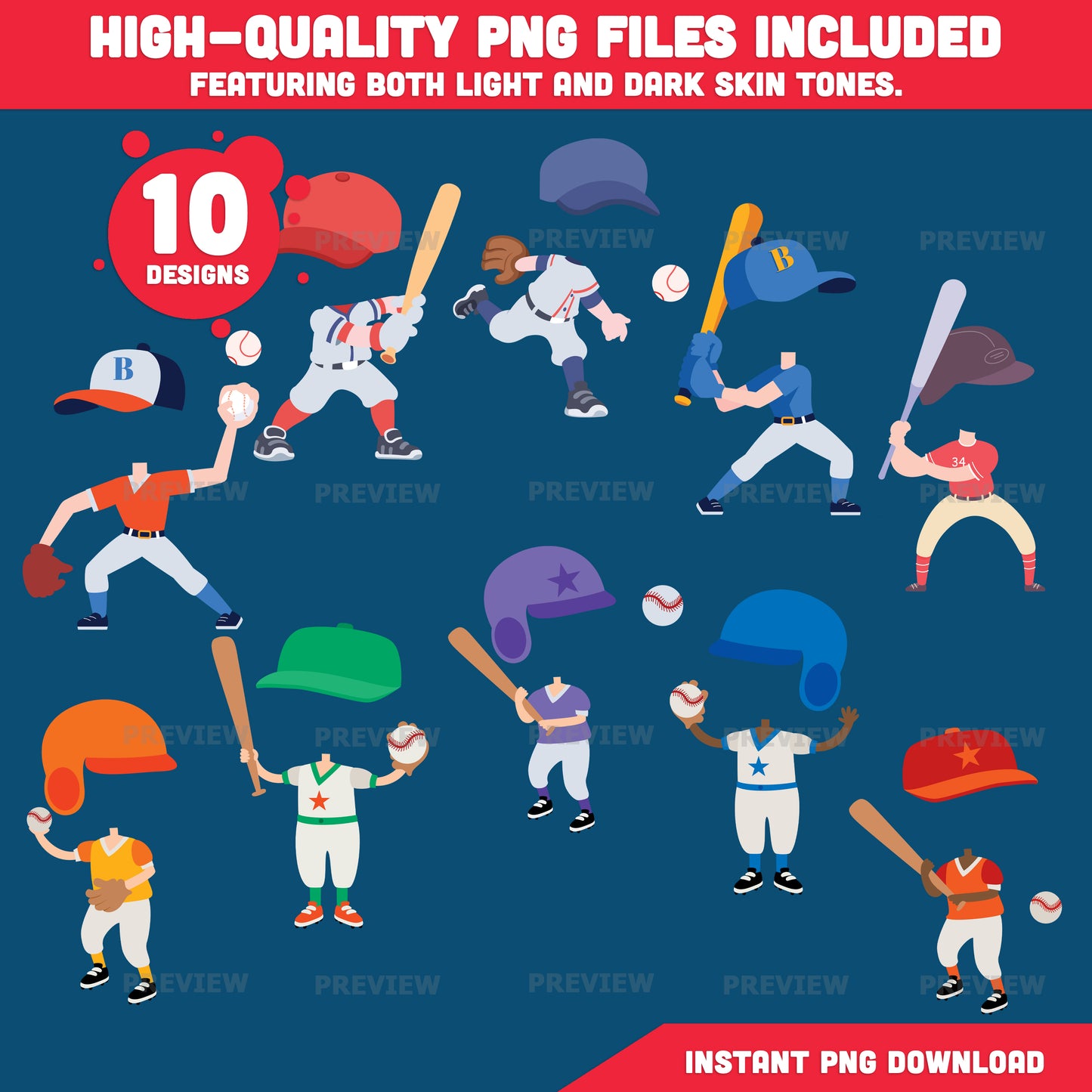Baseball Player Body Templates, Add Your Own Face Craft for Kids, Baseball Photo Insert Activity, 20 Designs Light & Dark Skin Tone, Coloring Version Included