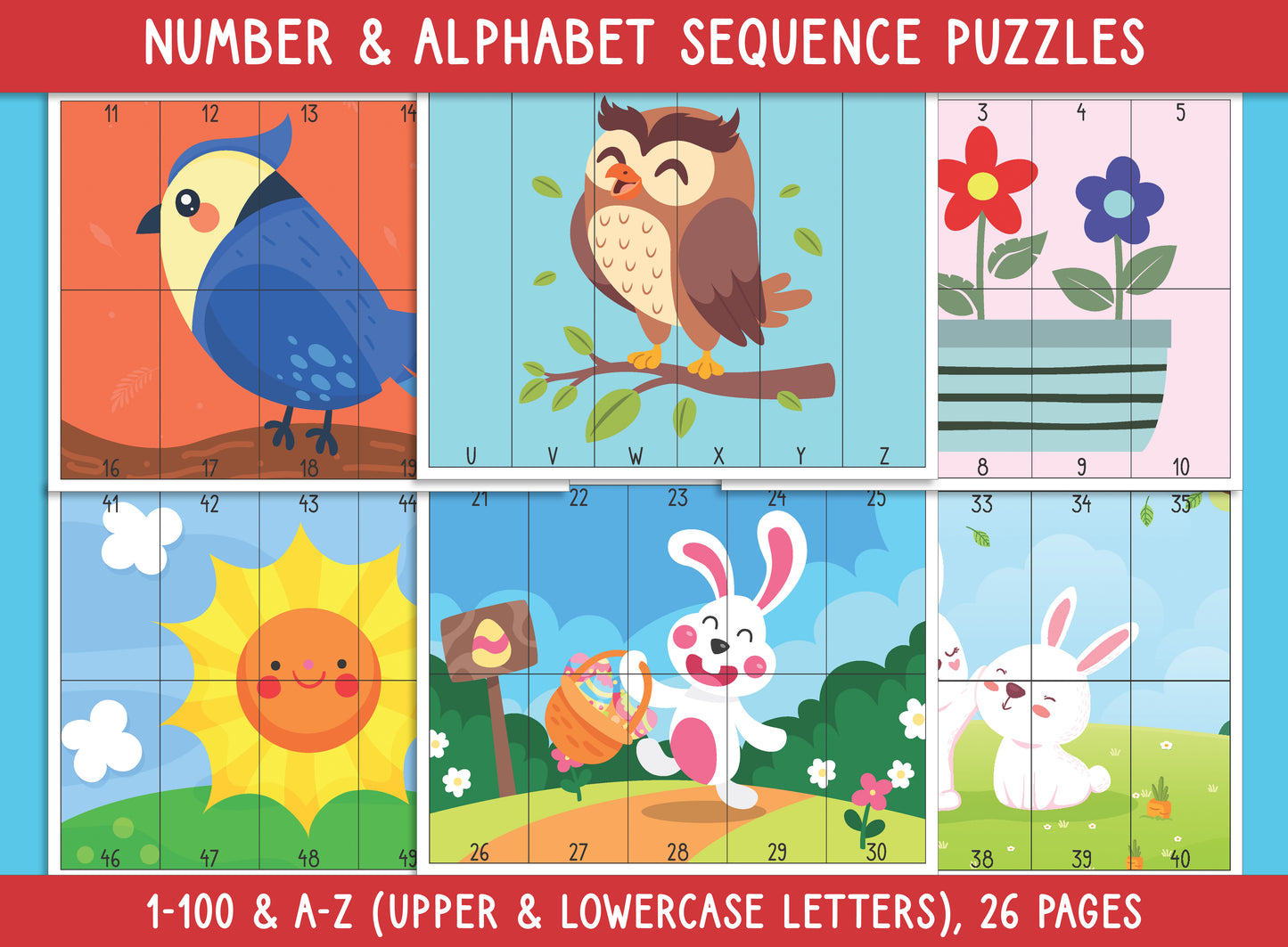 Spring Number and Alphabet Sequence Puzzles (Printable), 1-100 and A-Z (Upper & Lowercase Letters), for Toddler, Preschool, Kindergarten