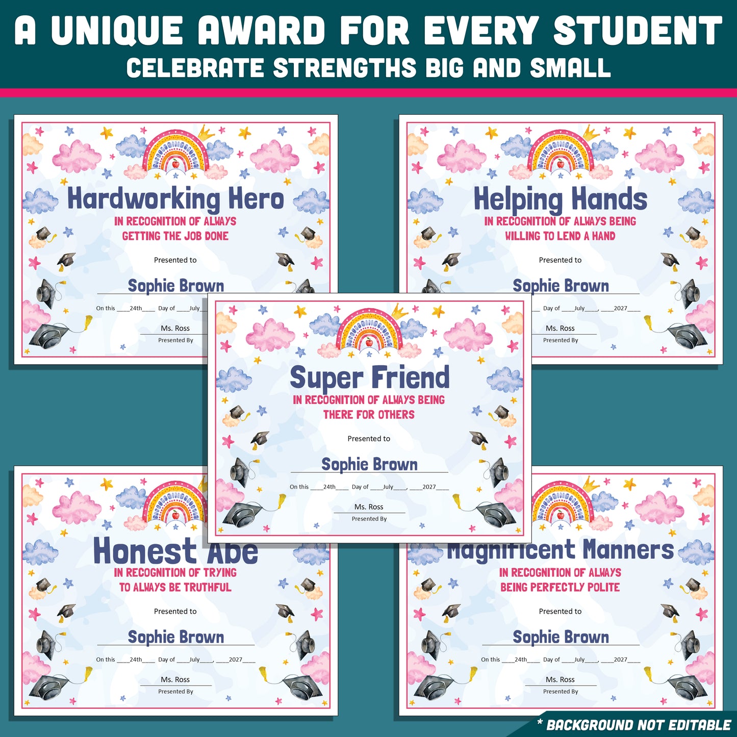Editable End-of-Year Awards for Preschool, TK, Pre-K, Kindergarten, and 1st Grade, Printable Student Recognition Set, 26 Unique Awards