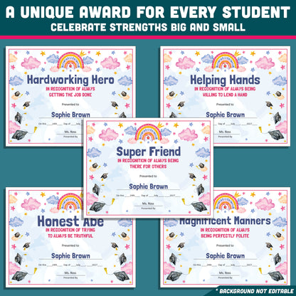 Editable End-of-Year Awards for Preschool, TK, Pre-K, Kindergarten, and 1st Grade, Printable Student Recognition Set, 26 Unique Awards
