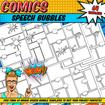 Comic Storyboard: 106 Templates, 10 Covers, 32 Blank Pages, 64 Pages with Speech Bubbles, PDF Instant Download