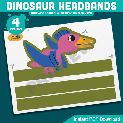 Printable Dinosaur Headbands, Paper Crowns, Color Your Own Hats, Dinosaur Craft Activity, Pre-Colored, Black & White, US Letter, A4