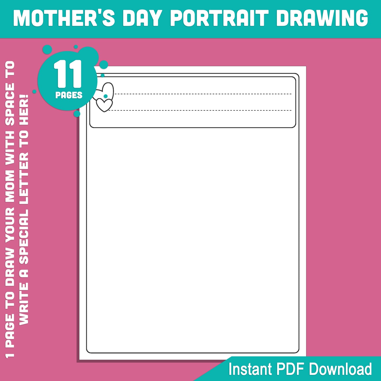 Creative Mother’s Day Portrait Drawing Guide: 5 Steps, 5 Coloring Pages with Letter-Writing Space, and 1 Personal Page to Draw Mom, Instant Download