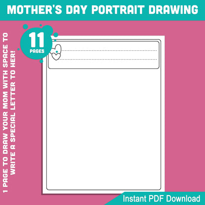 Creative Mother’s Day Portrait Drawing Guide: 5 Steps, 5 Coloring Pages with Letter-Writing Space, and 1 Personal Page to Draw Mom, Instant Download