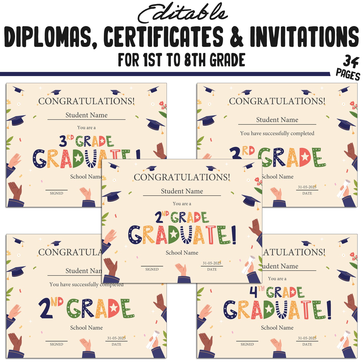 34 Editable/Printable First Grade Diplomas, 1st-8th Grade Certificates, Diplomas & Invitation Templates, Graduation-Themed, PDF