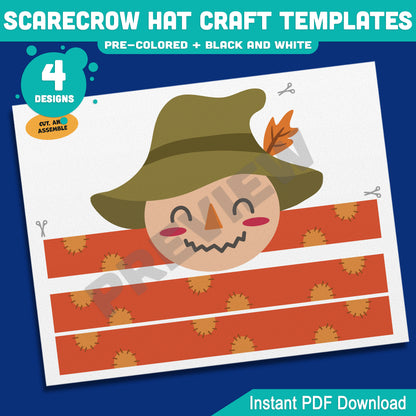 Scarecrow Hat Craft Templates, Autumn Paper Crown, Printable Headband & Hat, Pre-Colored and Black & White, Fall Craft, 4 Designs, A4, US Letter