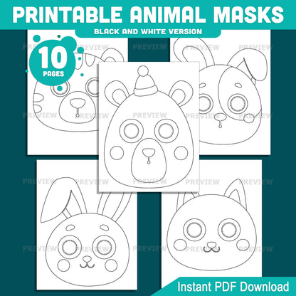 Printable Animal Paper Masks, Kids Color, Cut & Wear Animal Craft, 10 Printable Faces, Pre-Colored, Black and White, Letter, A4 PDF