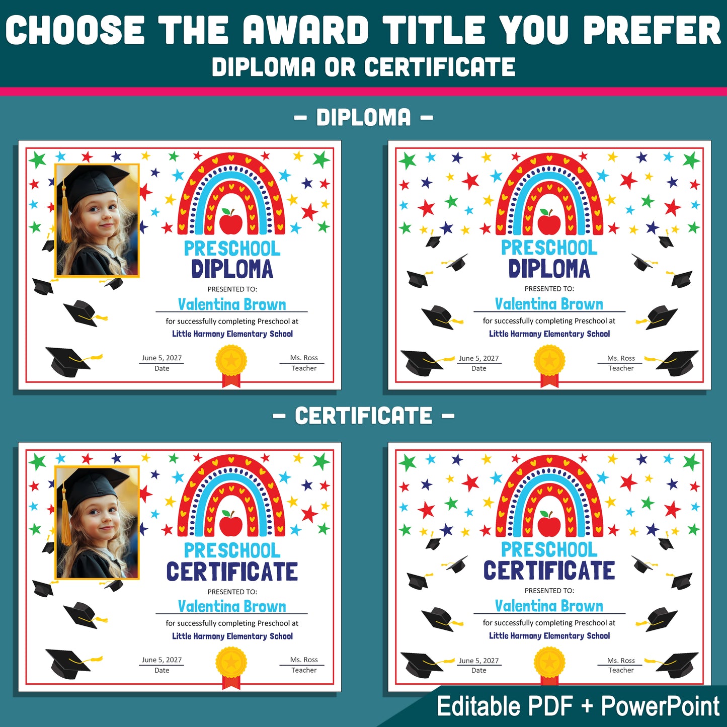 Editable Preschool Graduation Diploma Templates, Printable Student Keepsakes, PDF and PowerPoint, Pre-K to 8th & Beyond