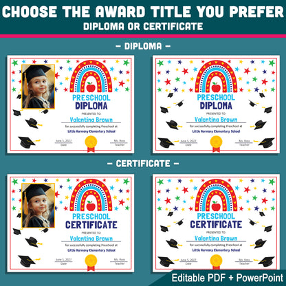 Editable Preschool Graduation Diploma Templates, Printable Student Keepsakes, PDF and PowerPoint, Pre-K to 8th & Beyond