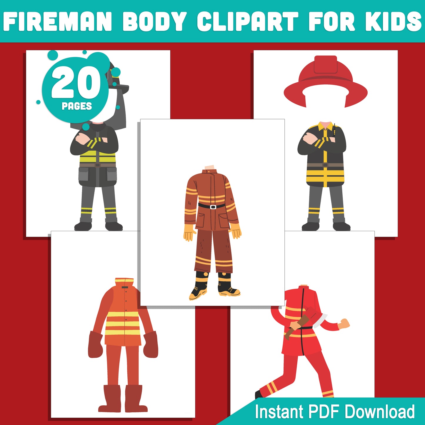 Kids’ Fireman Body Clipart: 20-Page Set of Printable Firefighter Templates, Add Your Own Face for Exciting Crafts, Role-Playing, and DIY Fun