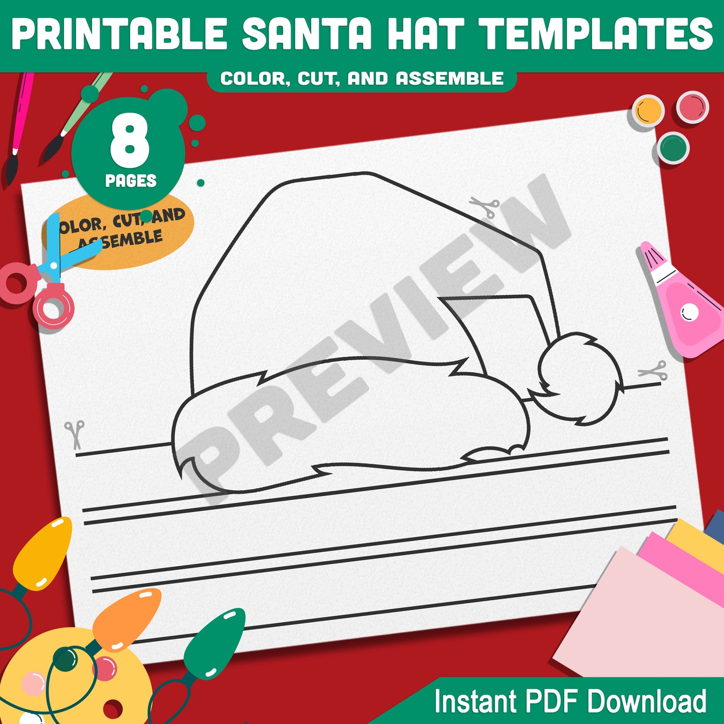 Santa Hat Craft Templates for Christmas: 4 Unique Designs for Kids’ Holiday Fun in Color and Black-and-White, Perfect for Festive Activities, PDF Download.