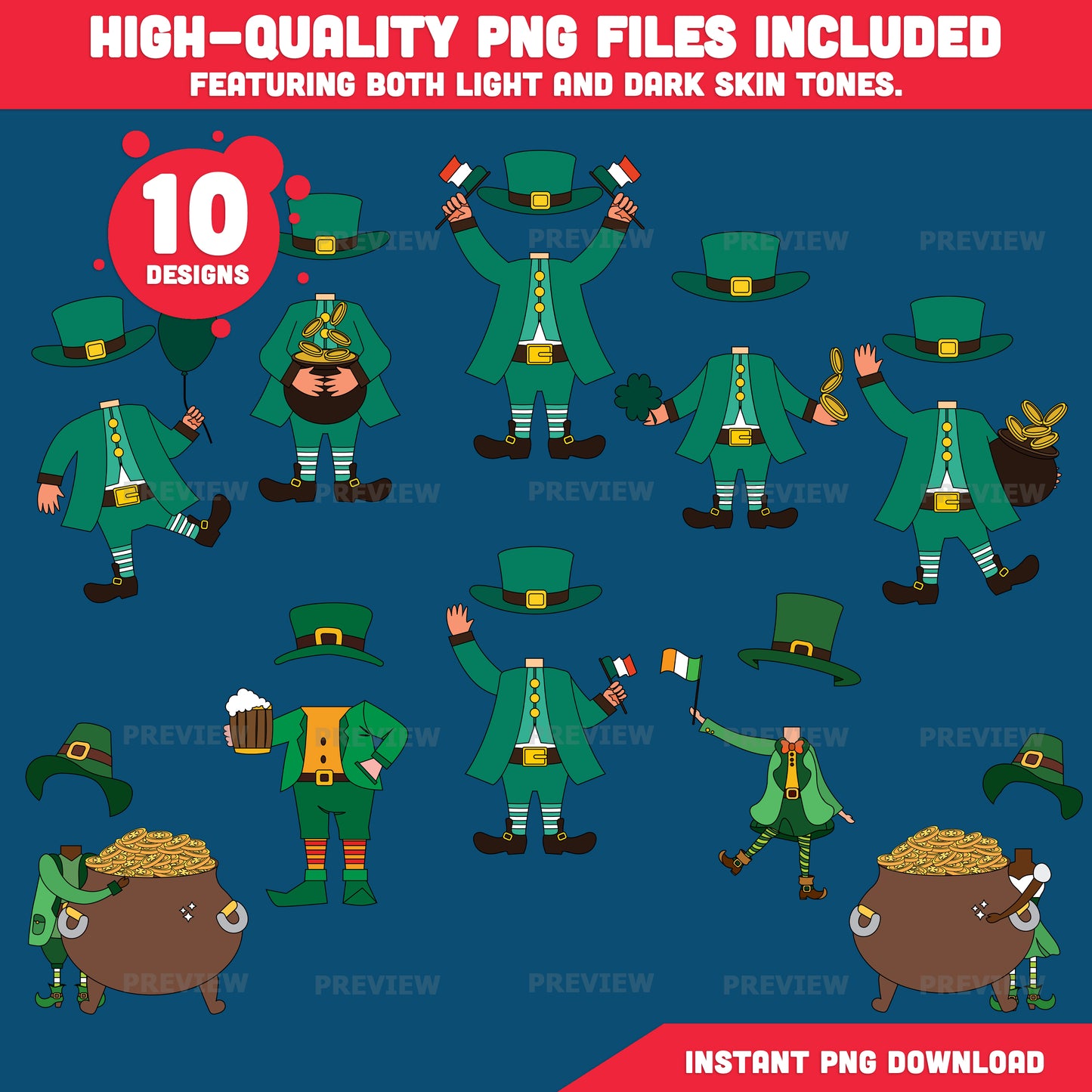 St. Patrick’s Day Body Clip Art - Leprechaun Add Your Own Face, Coloring Version Included, Fun Printable Craft for Kids