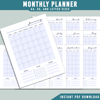 2026 Printable Planner: 19 Minimalist Pages for Goal Tracking, To-Do Lists, and Daily Organization, A4, A5, Letter Sizes, Instant PDF Download.