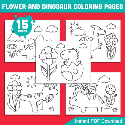 Coloring Pages with Dinosaurs and Flowers: 15 Delightful Designs for Early Learners, Perfect for Preschool & Kindergarten, Instant PDF Download