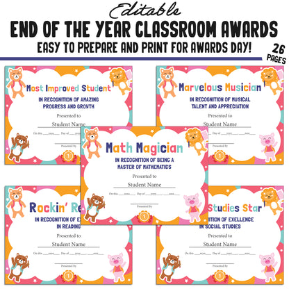 Editable, Creative End-of-Year Class Awards for Students, 26 Pages, PDF, Instant Download – Perfect for Classroom and Student Achievements.