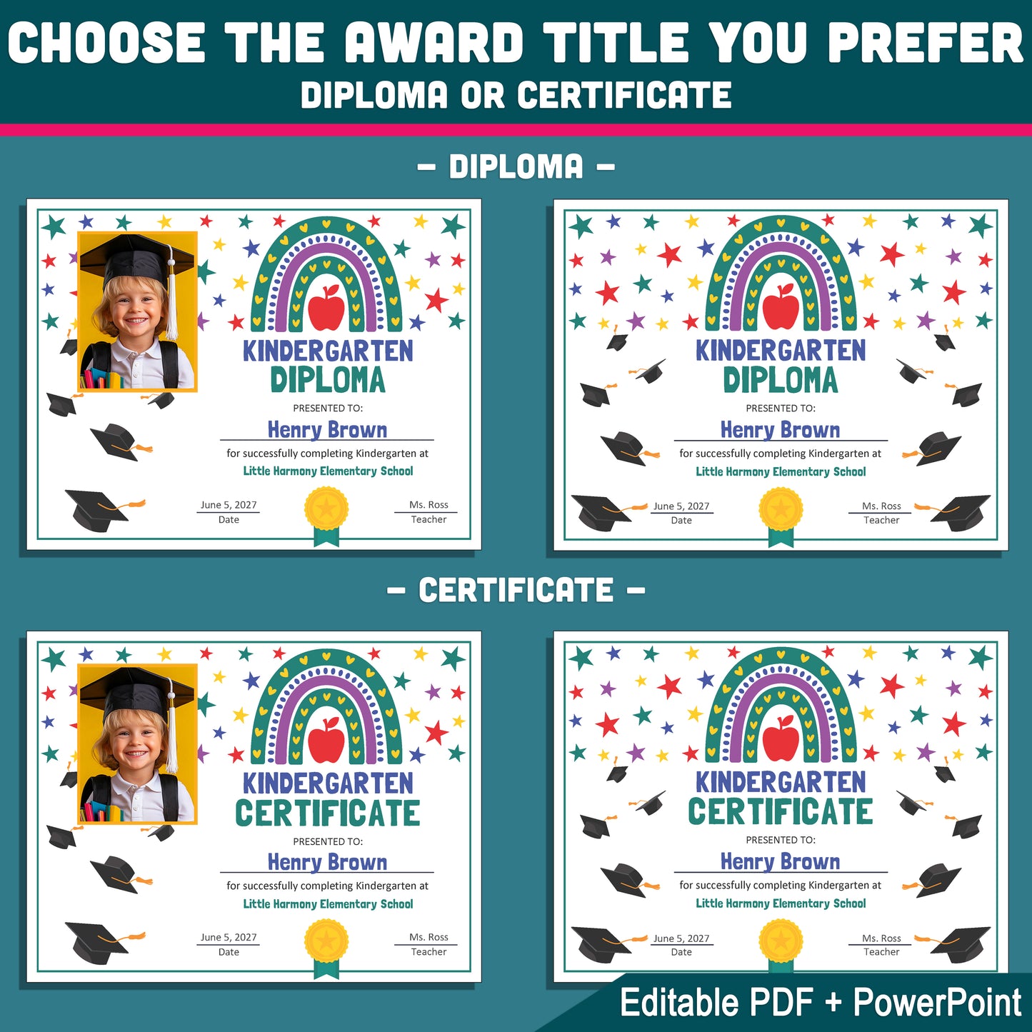 Editable Kindergarten Diploma, Printable Graduation Awards with Photo and No-Photo Options, PDF and PowerPoint, Editable for Any Grade