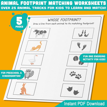 Animal Footprint Matching Fun: 5 Worksheets with 25+ Tracks for Kids to Learn and Match, Instant PDF File Download