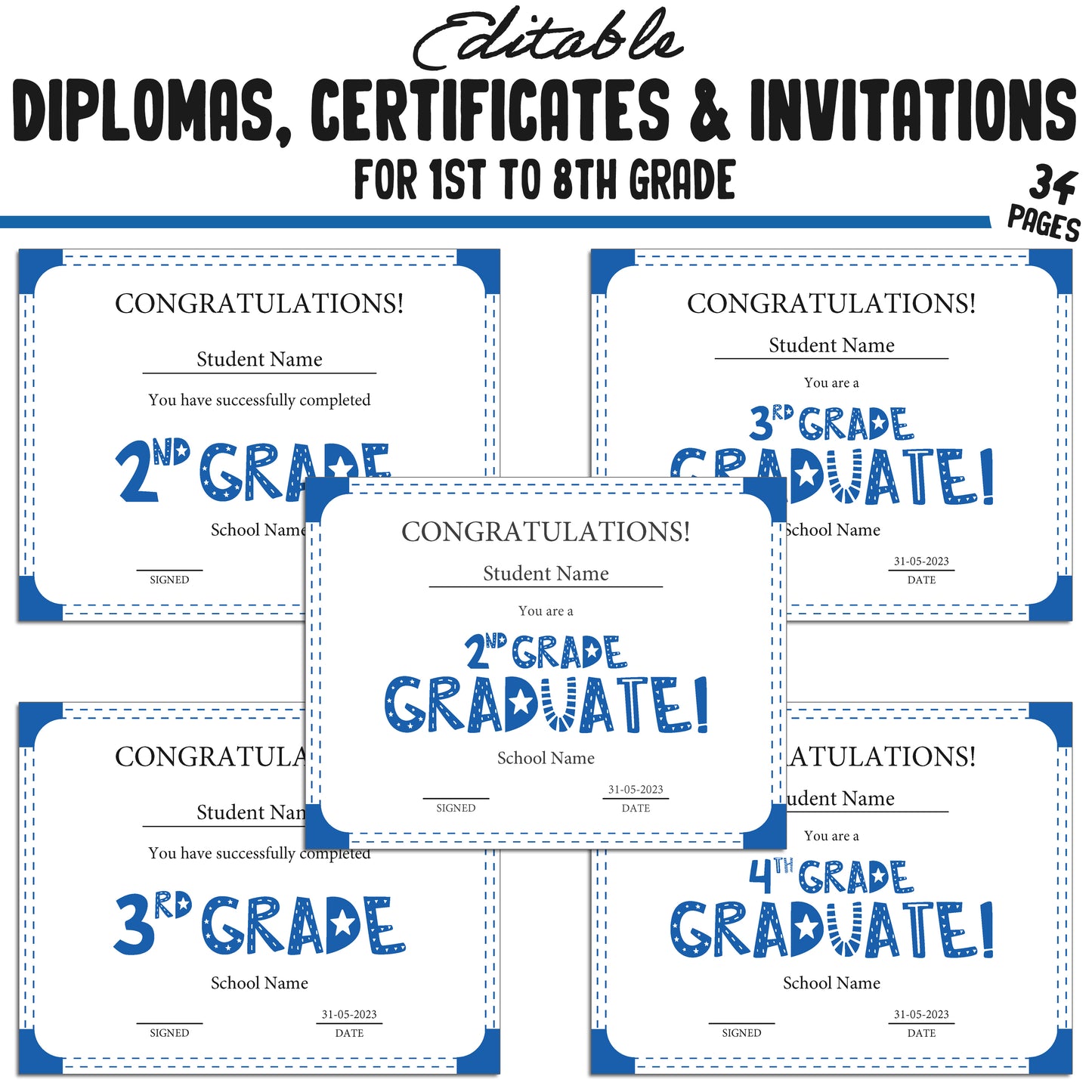 Printable 1st Grade Diplomas, Certificates, and Invitation Templates in a Simple & Modern Blue Theme - PDF Instant Download