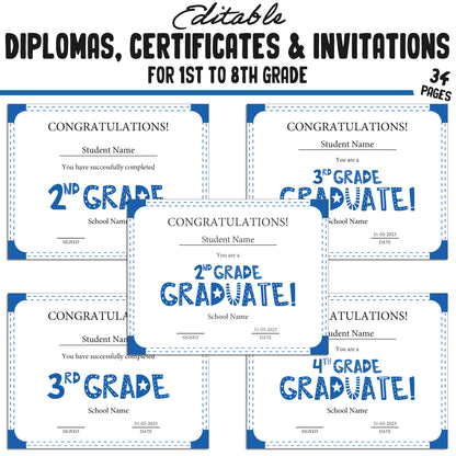 Printable 1st Grade Diplomas, Certificates, and Invitation Templates in a Simple & Modern Blue Theme - PDF Instant Download